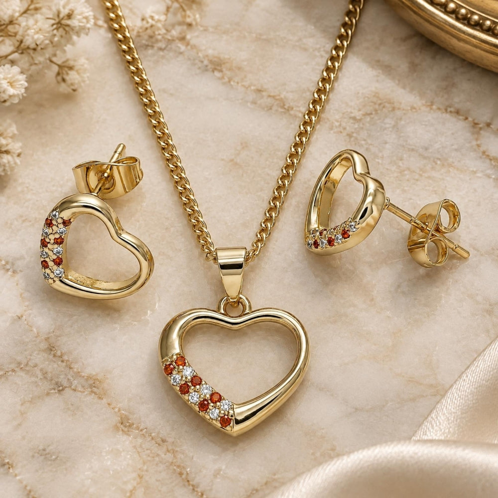 Oro Laminado Earring and Pendant Adult Set, Gold Filled Style Heart Design, with Garnet and White Micro Pave, Polished, Golden Finish