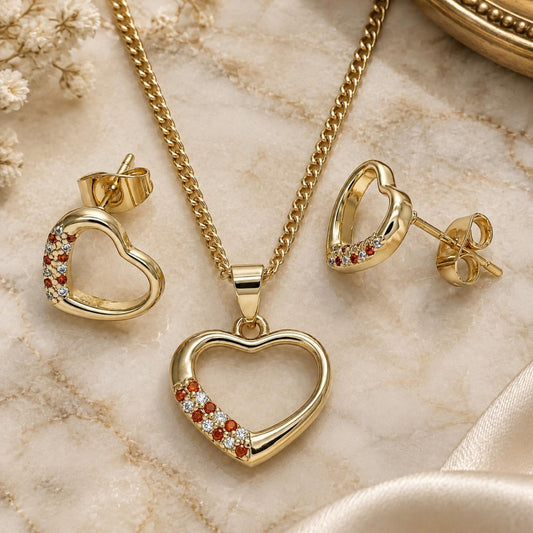 Oro Laminado Earring and Pendant Adult Set, Gold Filled Style Heart Design, with Garnet and White Micro Pave, Polished, Golden Finish