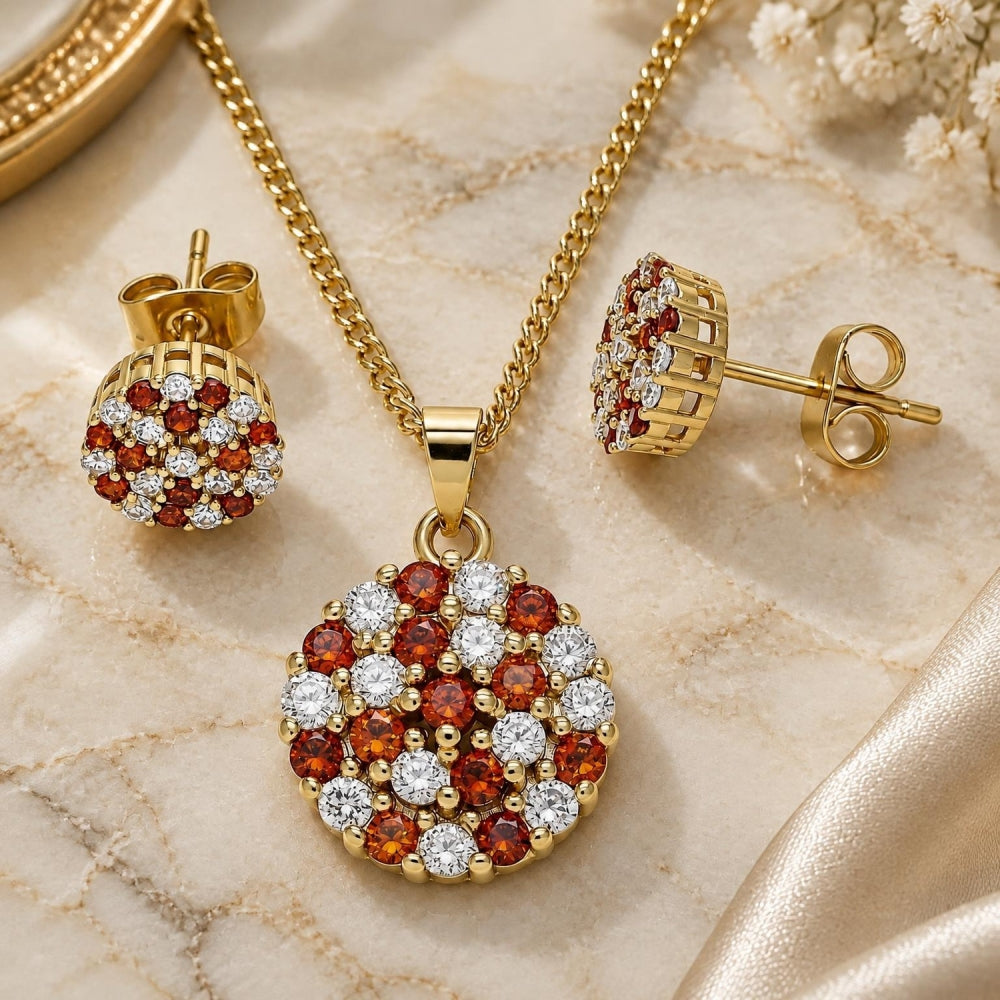 Oro Laminado Earring and Pendant Adult Set, Gold Filled Style with Garnet and White Micro Pave, Polished, Golden Finish