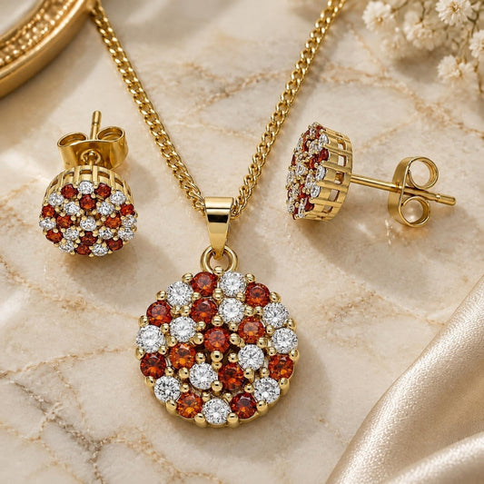 Oro Laminado Earring and Pendant Adult Set, Gold Filled Style with Garnet and White Micro Pave, Polished, Golden Finish