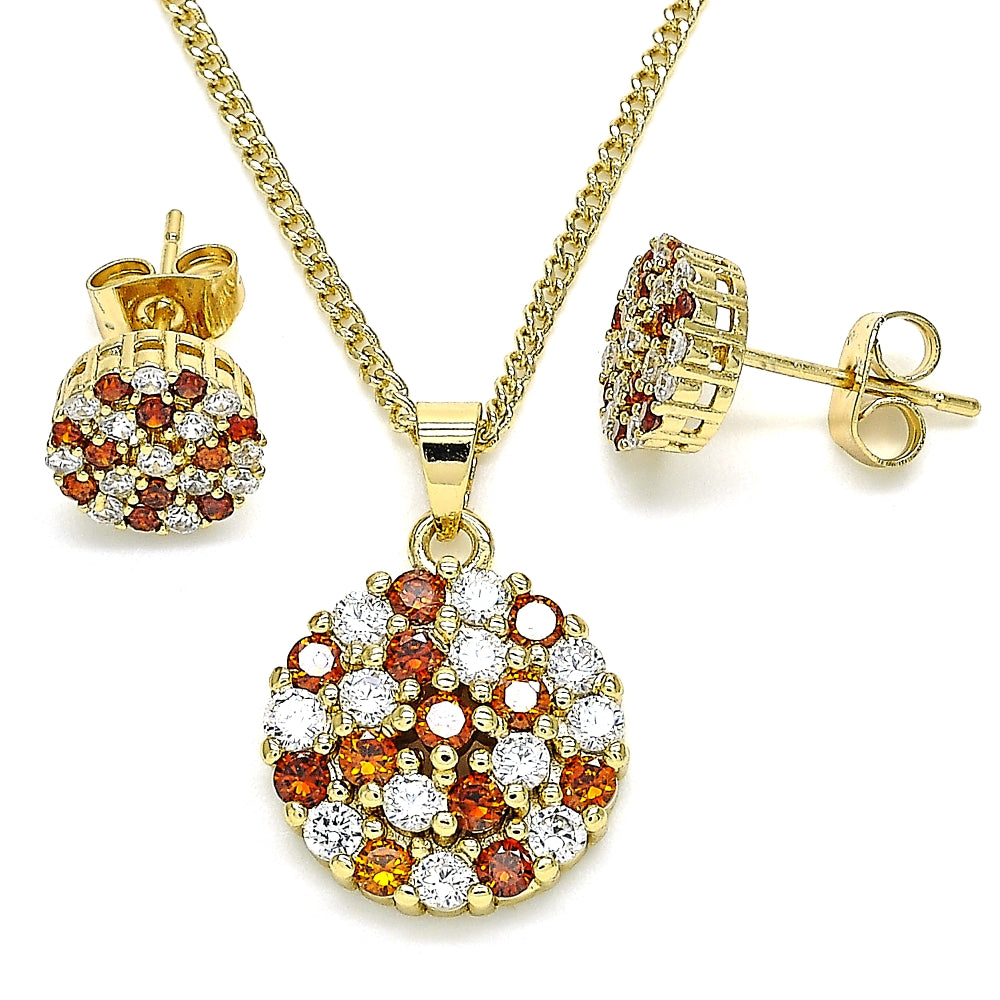 Oro Laminado Earring and Pendant Adult Set, Gold Filled Style with Garnet and White Micro Pave, Polished, Golden Finish