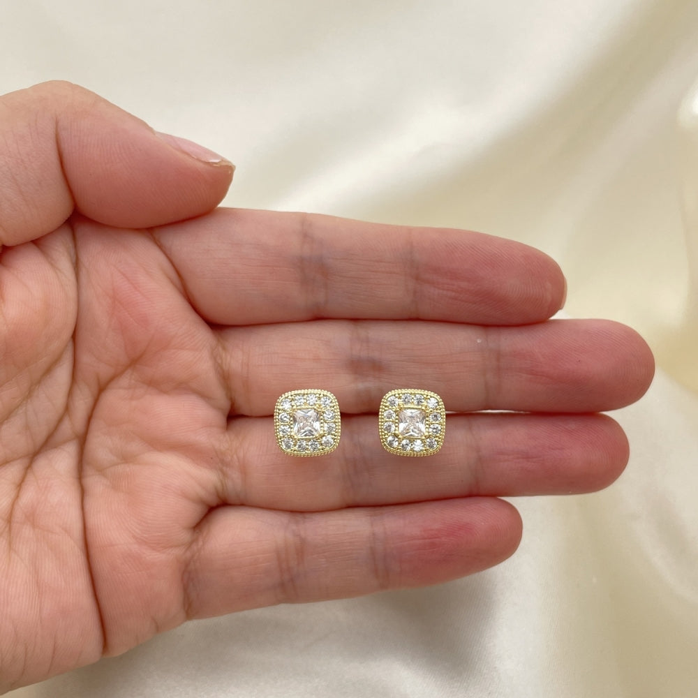 Oro Laminado Stud Earring, Gold Filled Style with White Micro Pave and White Cubic Zirconia, Polished, Golden Finish