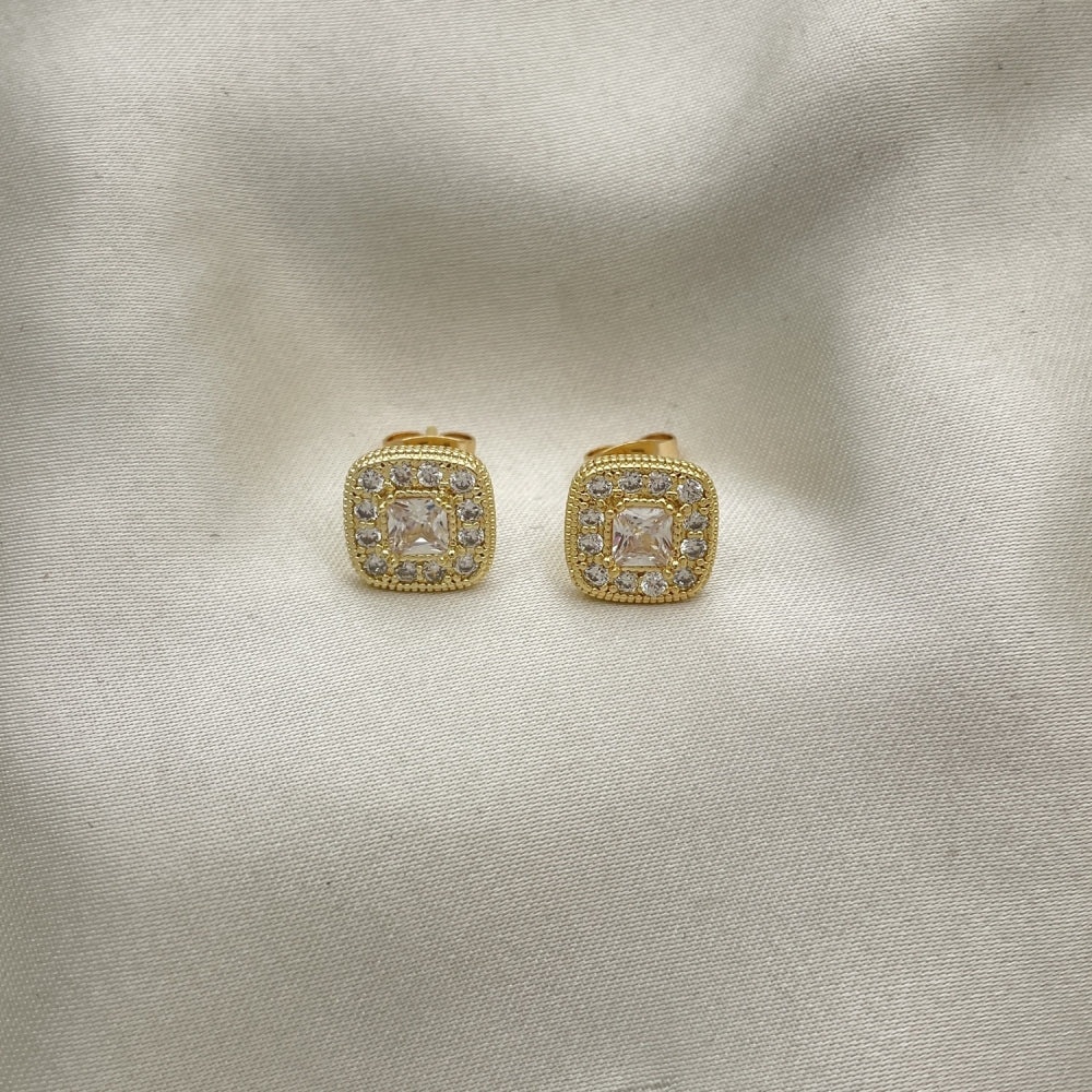 Oro Laminado Stud Earring, Gold Filled Style with White Micro Pave and White Cubic Zirconia, Polished, Golden Finish
