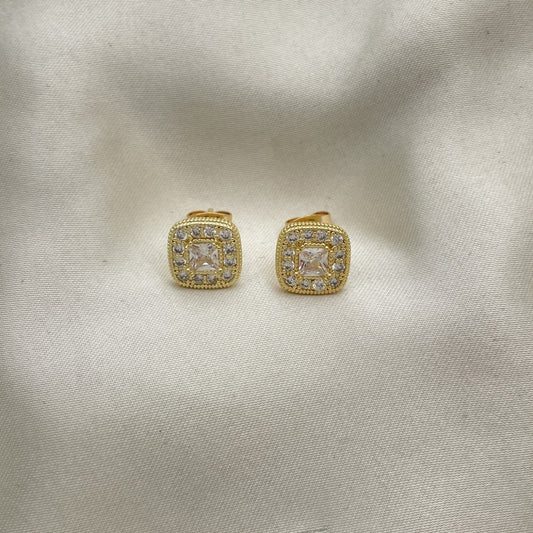 Oro Laminado Stud Earring, Gold Filled Style with White Micro Pave and White Cubic Zirconia, Polished, Golden Finish