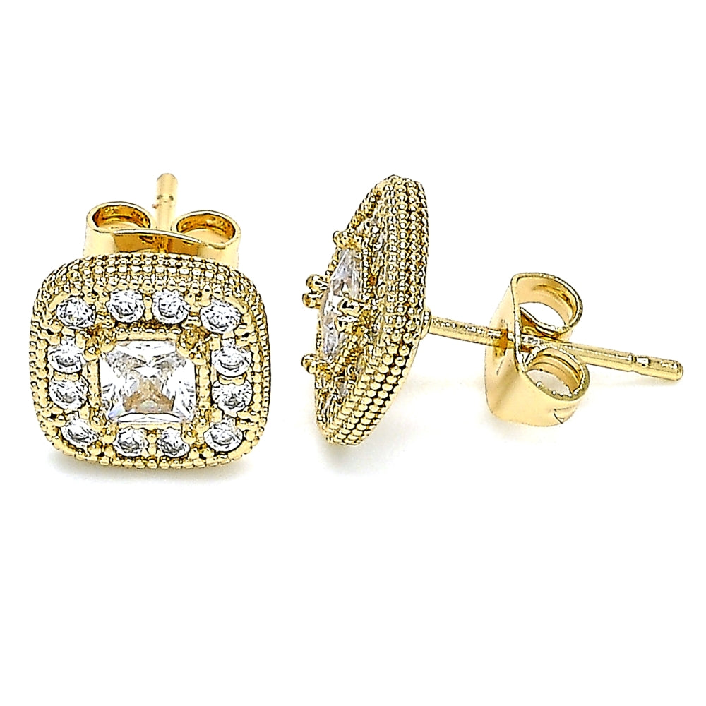 Oro Laminado Stud Earring, Gold Filled Style with White Micro Pave and White Cubic Zirconia, Polished, Golden Finish