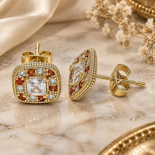 Oro Laminado Stud Earring, Gold Filled Style with Garnet and White Micro Pave, Polished, Golden Finish