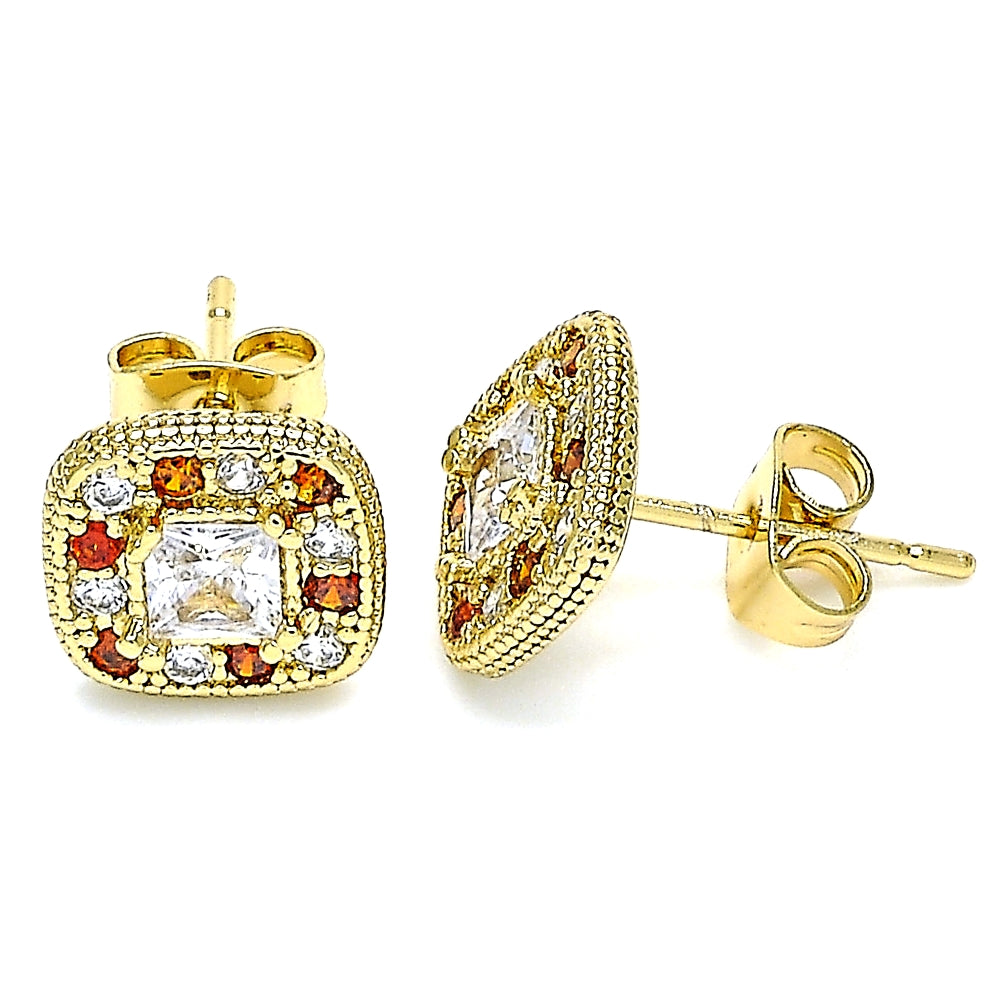 Oro Laminado Stud Earring, Gold Filled Style with Garnet and White Micro Pave, Polished, Golden Finish