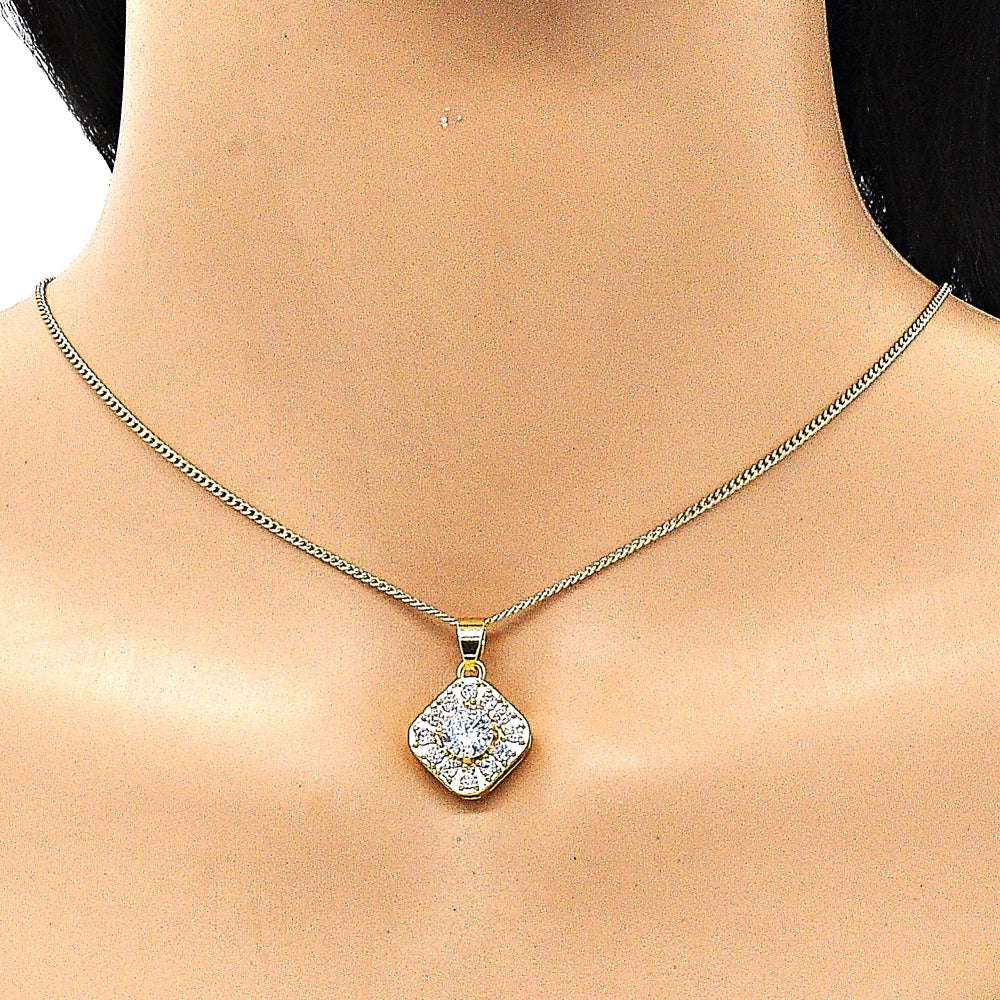 Oro Laminado Earring and Pendant Adult Set, Gold Filled Style Cluster Design, with White Micro Pave and White Cubic Zirconia, Polished, Golden Finish