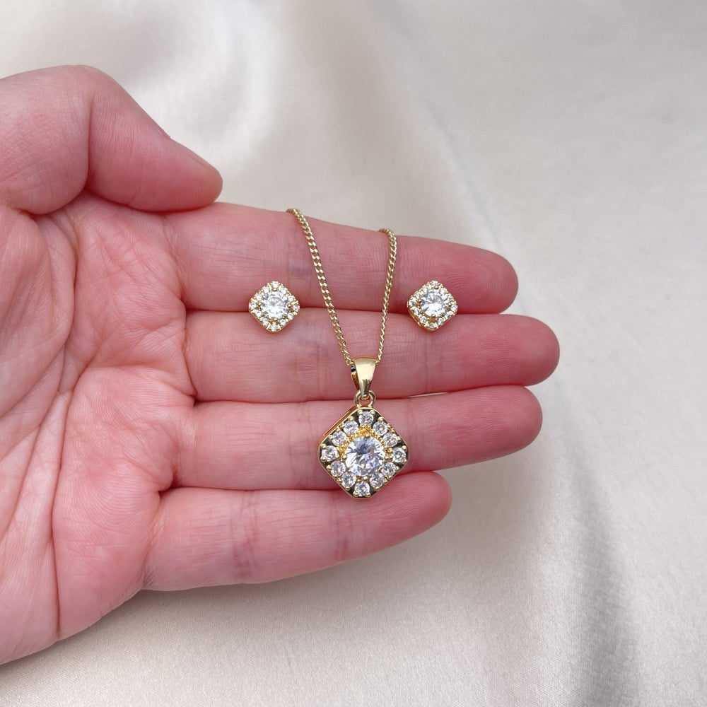 Oro Laminado Earring and Pendant Adult Set, Gold Filled Style Cluster Design, with White Micro Pave and White Cubic Zirconia, Polished, Golden Finish
