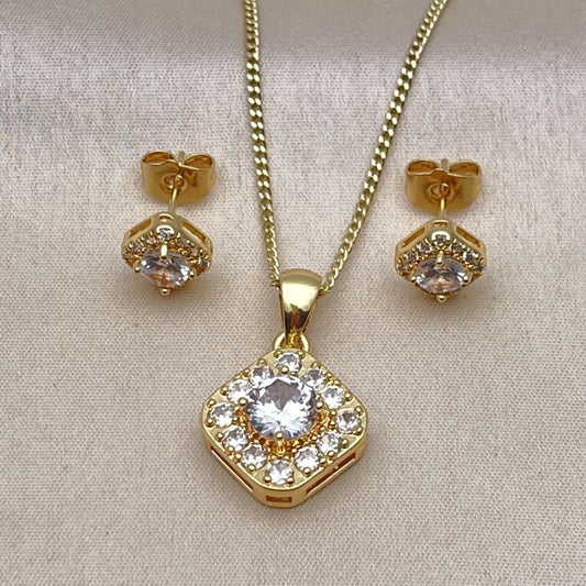 Oro Laminado Earring and Pendant Adult Set, Gold Filled Style Cluster Design, with White Micro Pave and White Cubic Zirconia, Polished, Golden Finish