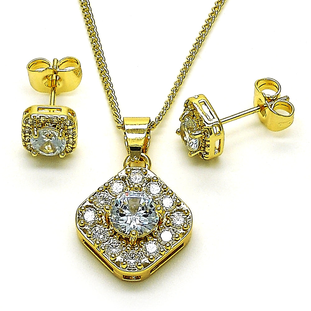 Oro Laminado Earring and Pendant Adult Set, Gold Filled Style Cluster Design, with White Micro Pave and White Cubic Zirconia, Polished, Golden Finish