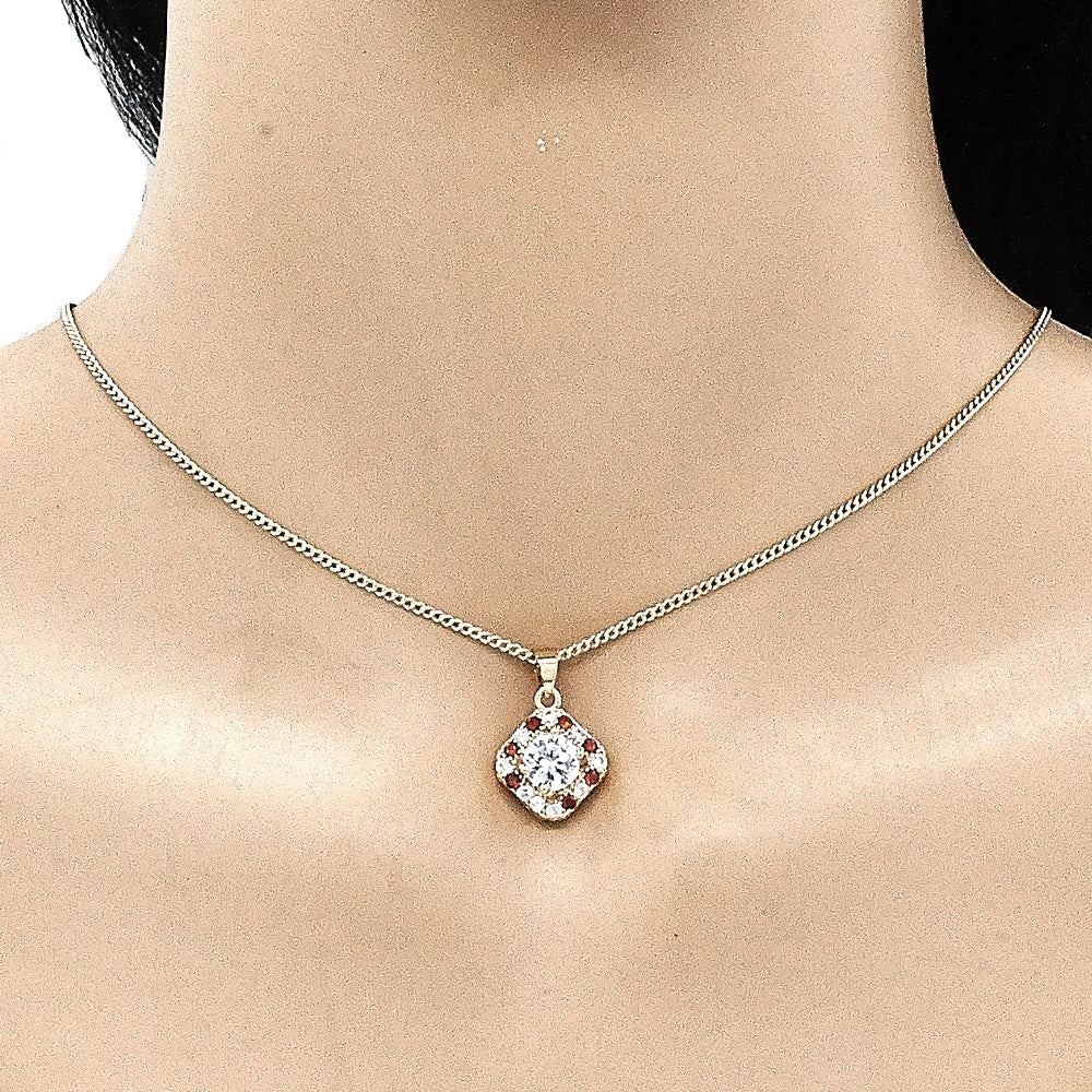 Oro Laminado Earring and Pendant Adult Set, Gold Filled Style Cluster Design, with Garnet and White Micro Pave, Polished, Golden Finish