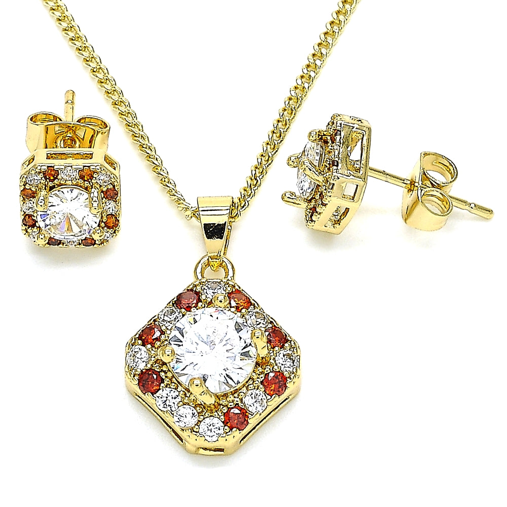Oro Laminado Earring and Pendant Adult Set, Gold Filled Style Cluster Design, with Garnet and White Micro Pave, Polished, Golden Finish