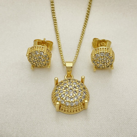 Oro Laminado Earring and Pendant Adult Set, Gold Filled Style with White Micro Pave, Polished, Golden Finish