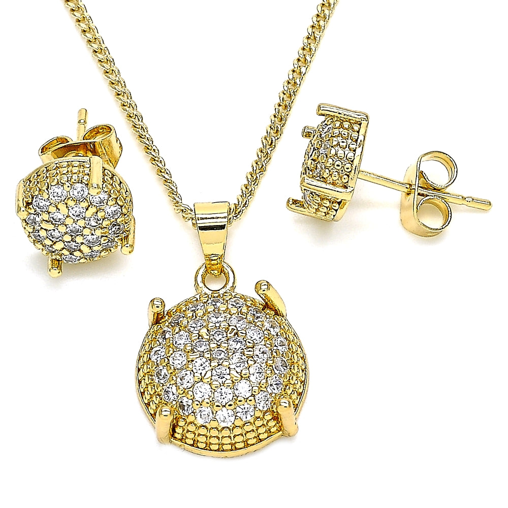 Oro Laminado Earring and Pendant Adult Set, Gold Filled Style with White Micro Pave, Polished, Golden Finish