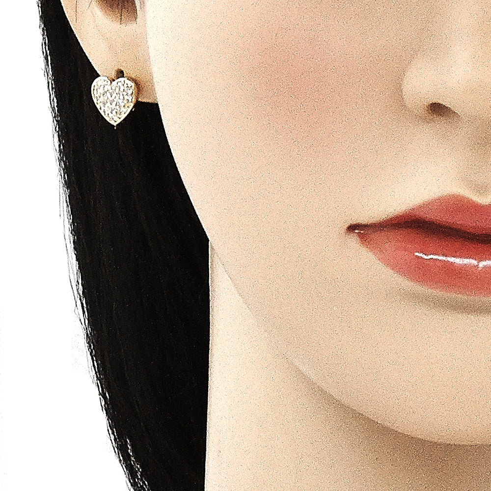 Oro Laminado Stud Earring, Gold Filled Style Heart Design, with White Micro Pave, Polished, Golden Finish