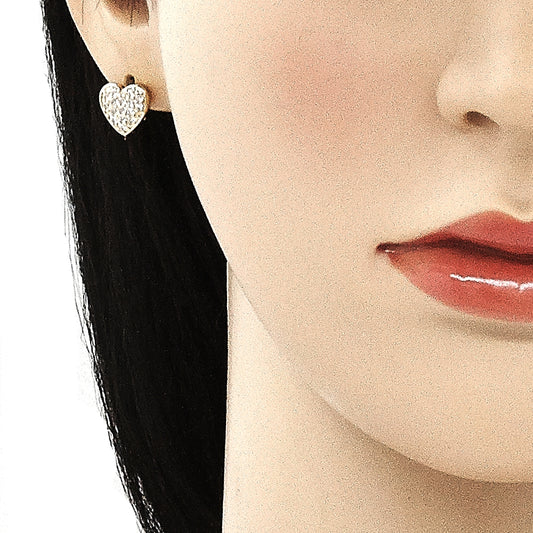 Oro Laminado Stud Earring, Gold Filled Style Heart Design, with White Micro Pave, Polished, Golden Finish