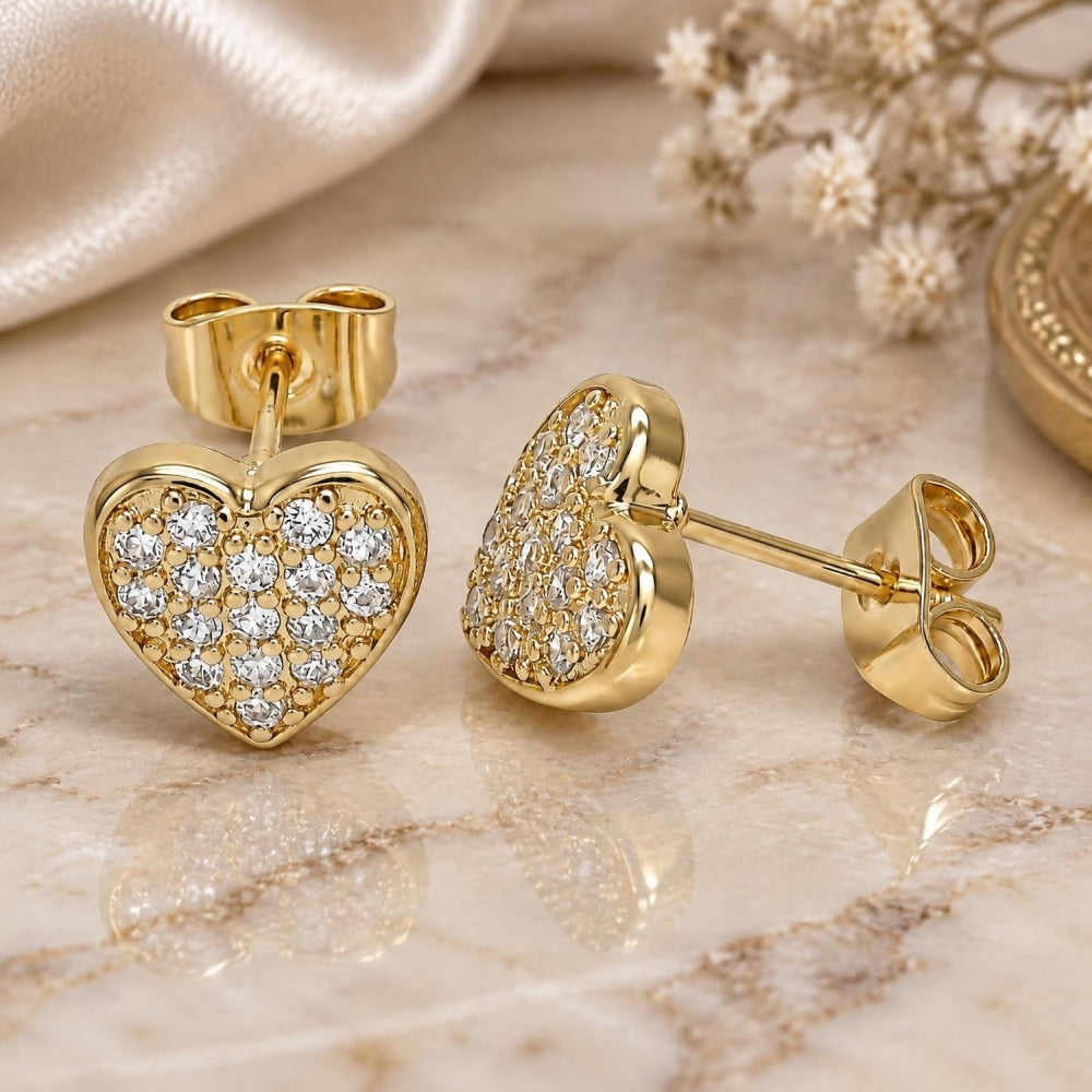 Oro Laminado Stud Earring, Gold Filled Style Heart Design, with White Micro Pave, Polished, Golden Finish