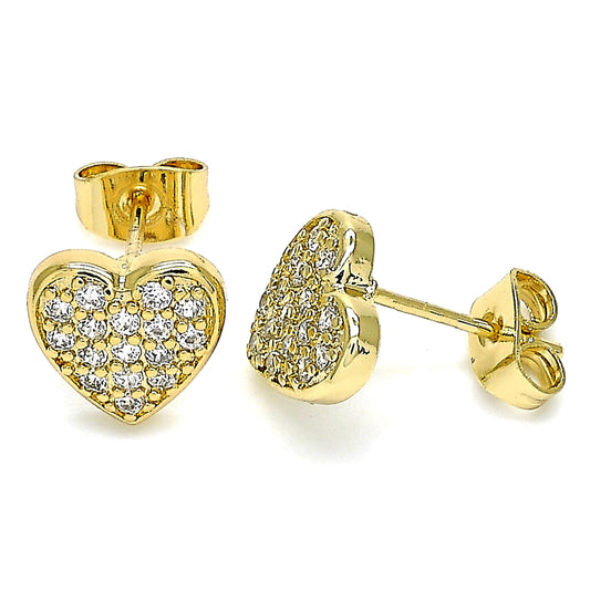 Oro Laminado Stud Earring, Gold Filled Style Heart Design, with White Micro Pave, Polished, Golden Finish