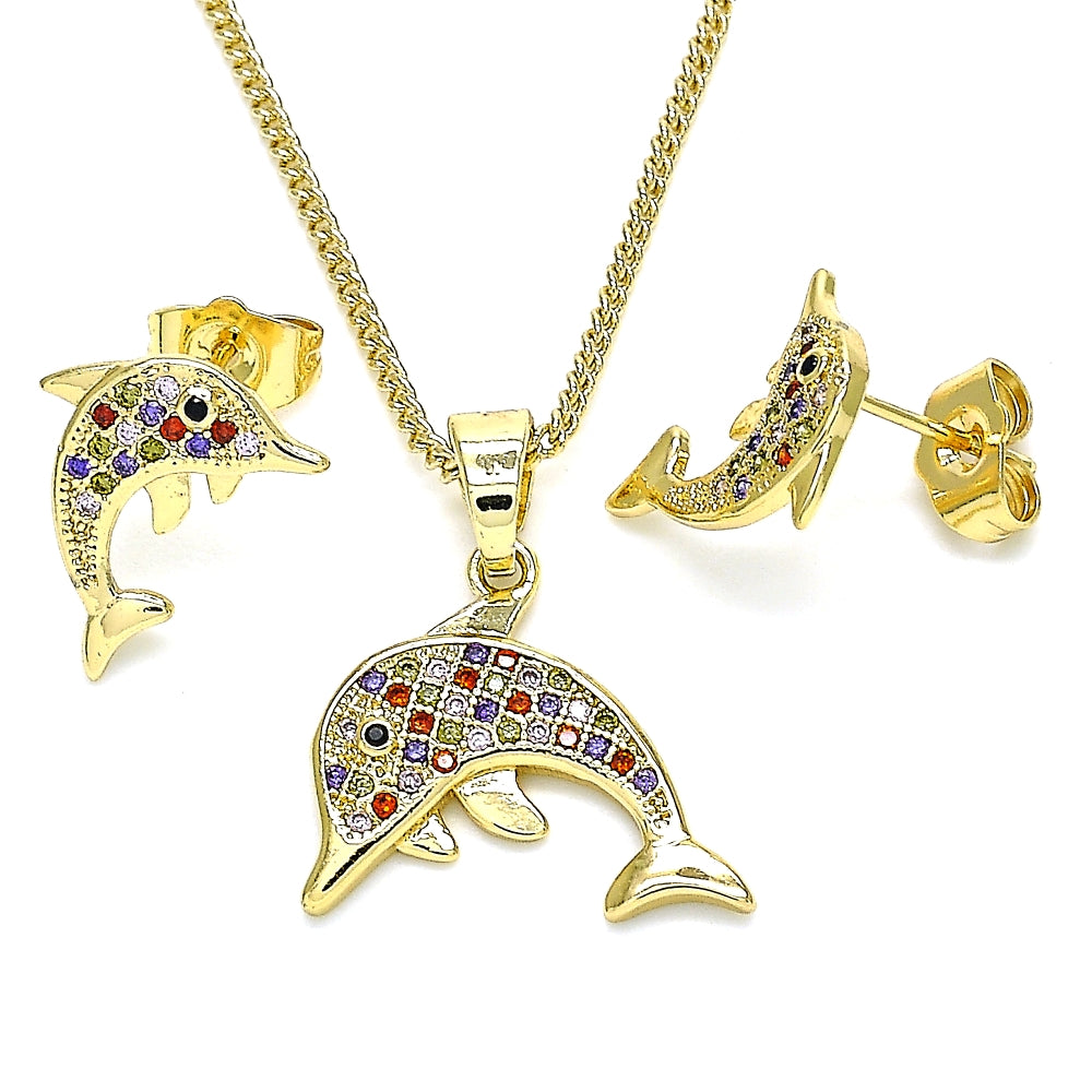 Oro Laminado Earring and Pendant Adult Set, Gold Filled Style Dolphin Design, with Multicolor Micro Pave, Polished, Golden Finish