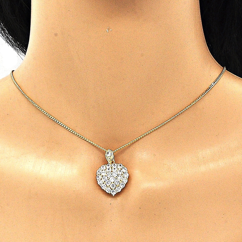 Oro Laminado Pendant Necklace, Gold Filled Style Heart Design, with White Cubic Zirconia, Polished, Golden Finish