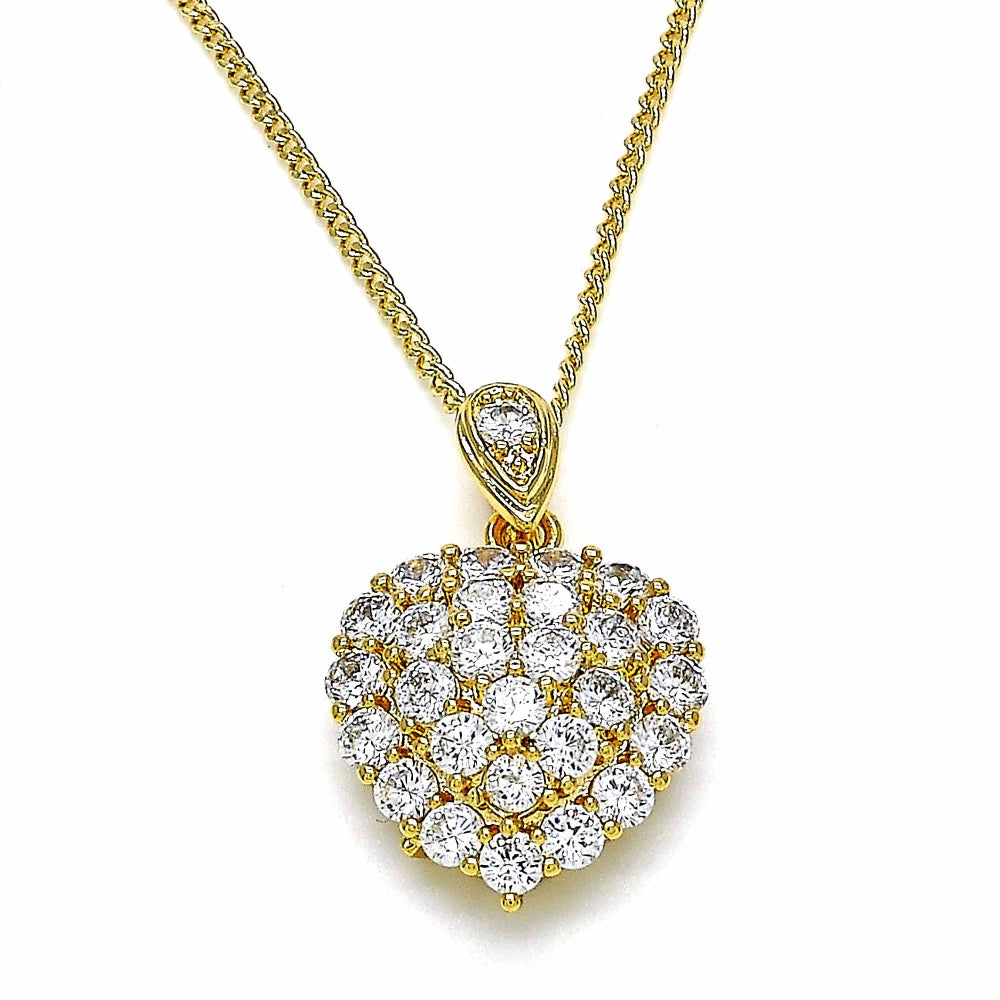 Oro Laminado Pendant Necklace, Gold Filled Style Heart Design, with White Cubic Zirconia, Polished, Golden Finish