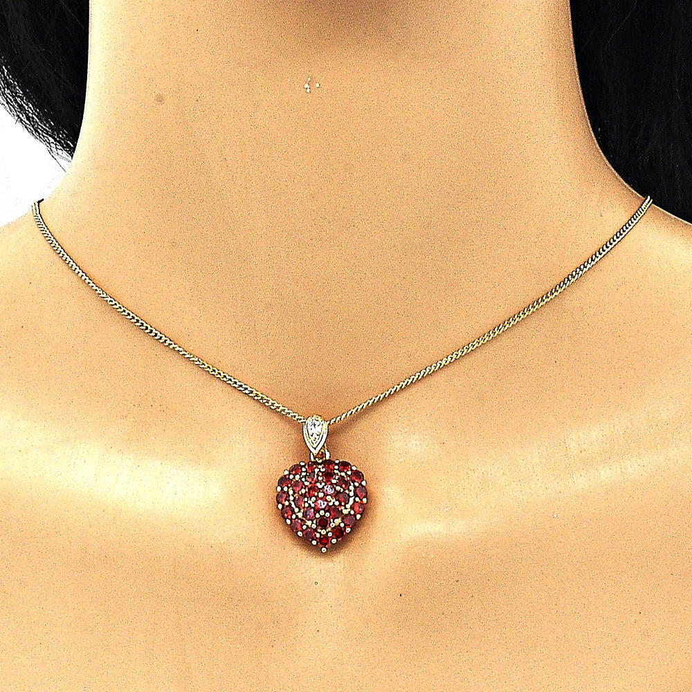 Oro Laminado Pendant Necklace, Gold Filled Style Heart Design, with Garnet and White Cubic Zirconia, Polished, Golden Finish