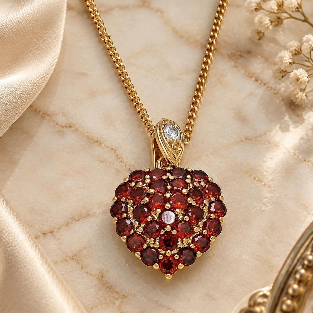 Oro Laminado Pendant Necklace, Gold Filled Style Heart Design, with Garnet and White Cubic Zirconia, Polished, Golden Finish