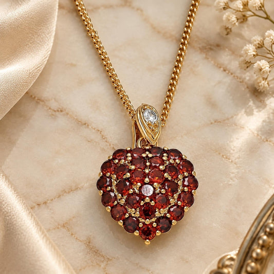 Oro Laminado Pendant Necklace, Gold Filled Style Heart Design, with Garnet and White Cubic Zirconia, Polished, Golden Finish
