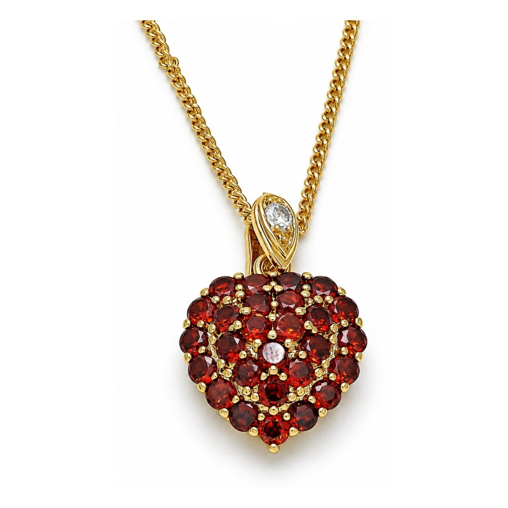 Oro Laminado Pendant Necklace, Gold Filled Style Heart Design, with Garnet and White Cubic Zirconia, Polished, Golden Finish