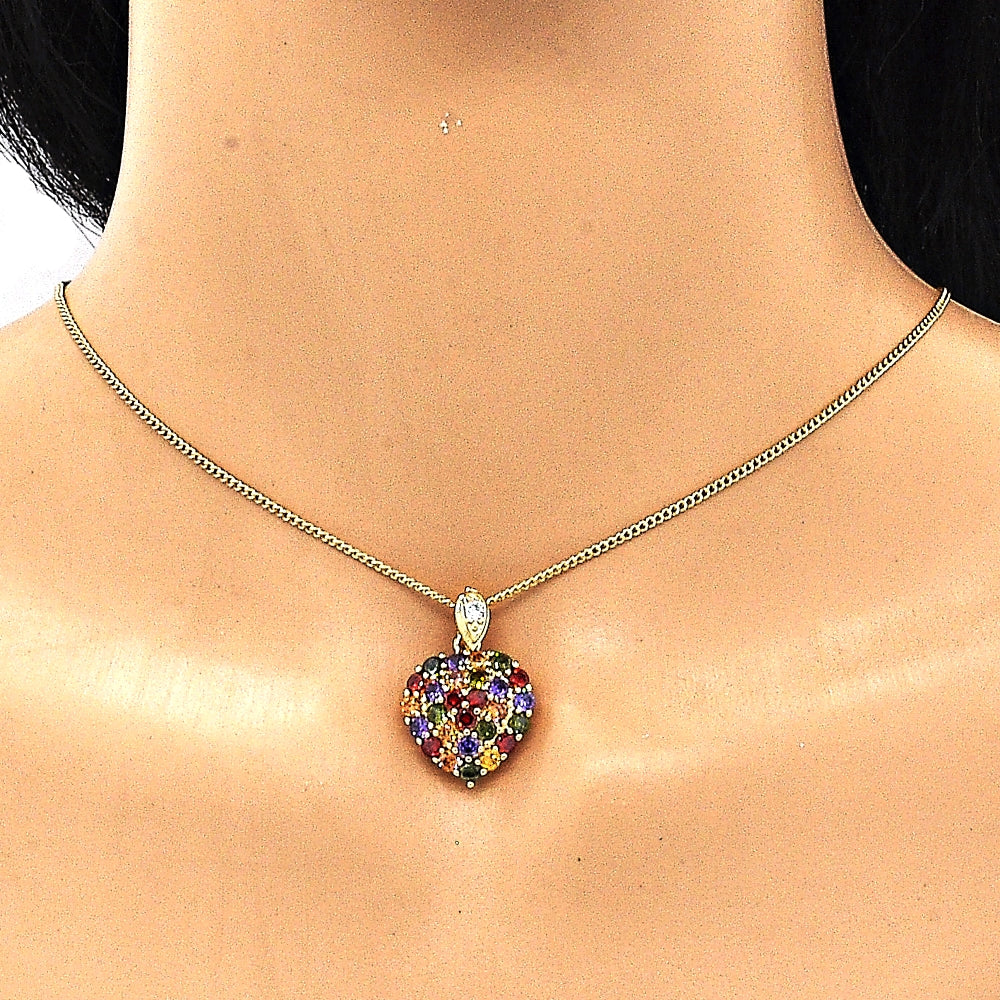 Oro Laminado Pendant Necklace, Gold Filled Style Heart Design, with Multicolor Cubic Zirconia, Polished, Golden Finish