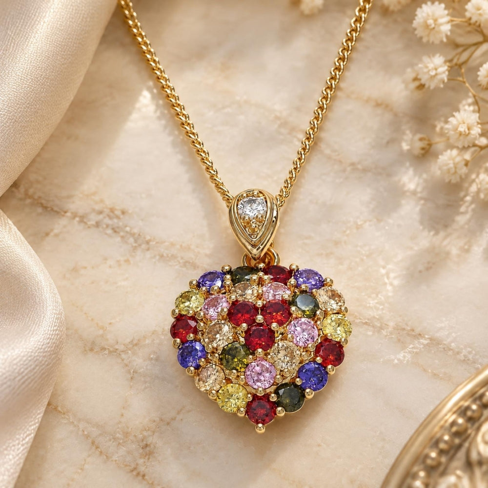 Oro Laminado Pendant Necklace, Gold Filled Style Heart Design, with Multicolor Cubic Zirconia, Polished, Golden Finish