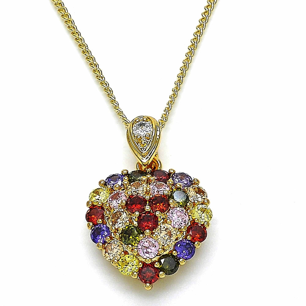 Oro Laminado Pendant Necklace, Gold Filled Style Heart Design, with Multicolor Cubic Zirconia, Polished, Golden Finish