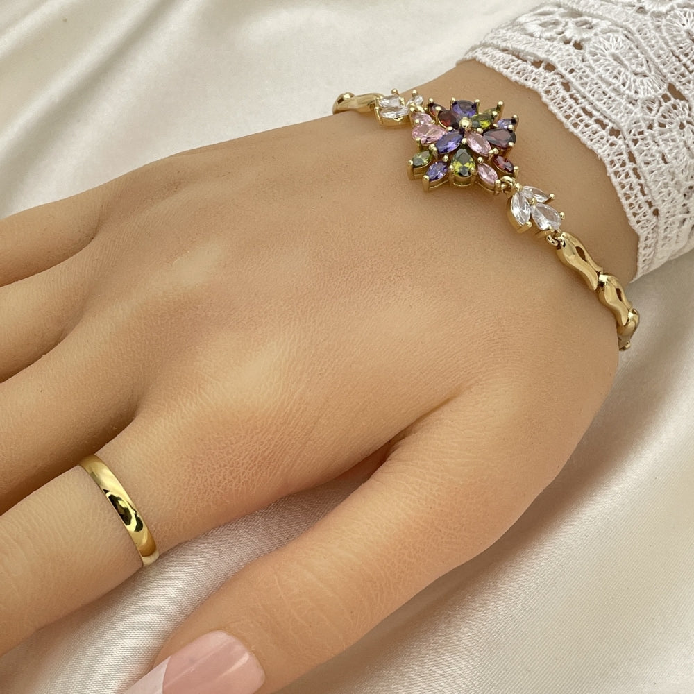 Oro Laminado Fancy Bracelet, Gold Filled Style Flower and Fish Design, with Multicolor Cubic Zirconia, Polished, Golden Finish