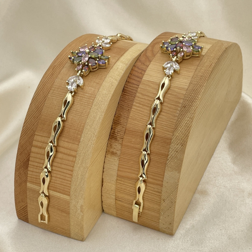 Oro Laminado Fancy Bracelet, Gold Filled Style Flower and Fish Design, with Multicolor Cubic Zirconia, Polished, Golden Finish