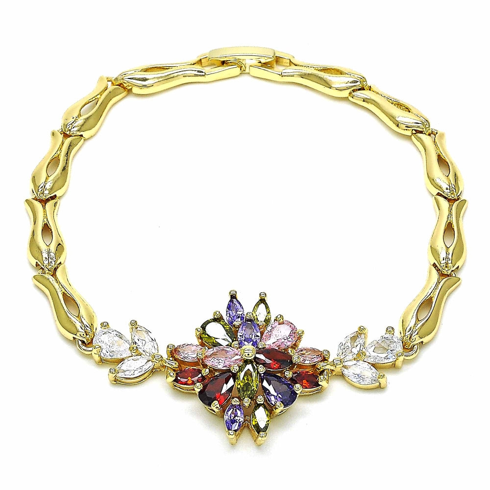 Oro Laminado Fancy Bracelet, Gold Filled Style Flower and Fish Design, with Multicolor Cubic Zirconia, Polished, Golden Finish