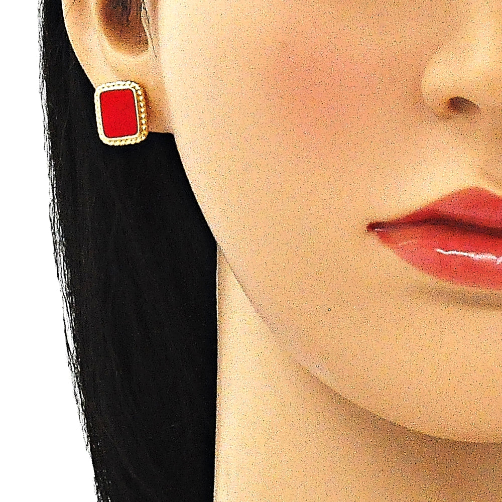 Oro Laminado Stud Earring, Gold Filled Style Red Enamel Finish, Golden Finish