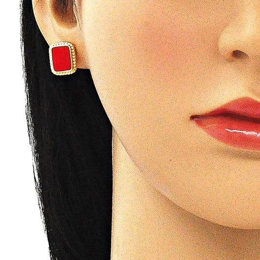 Oro Laminado Stud Earring, Gold Filled Style Red Enamel Finish, Golden Finish