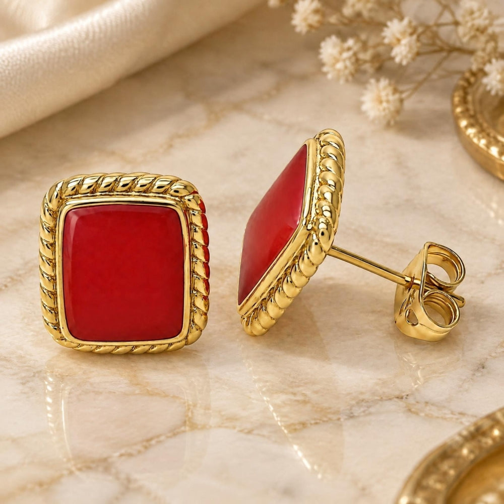 Oro Laminado Stud Earring, Gold Filled Style Red Enamel Finish, Golden Finish
