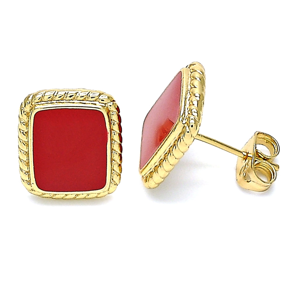 Oro Laminado Stud Earring, Gold Filled Style Red Enamel Finish, Golden Finish