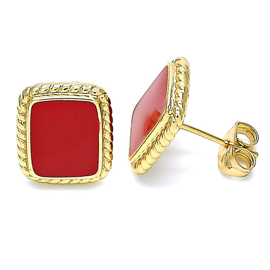Oro Laminado Stud Earring, Gold Filled Style Red Enamel Finish, Golden Finish