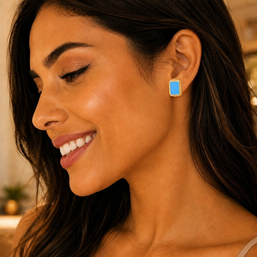 Oro Laminado Stud Earring, Gold Filled Style Turquoise Enamel Finish, Golden Finish