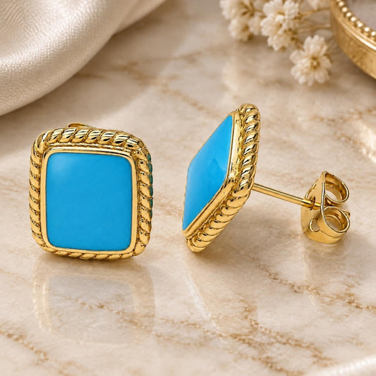Oro Laminado Stud Earring, Gold Filled Style Turquoise Enamel Finish, Golden Finish