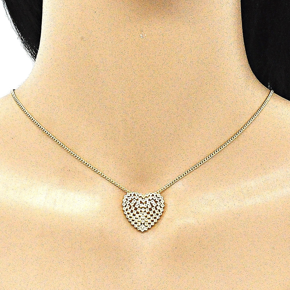 Oro Laminado Pendant Necklace, Gold Filled Style Heart Design, with White Micro Pave, Polished, Golden Finish