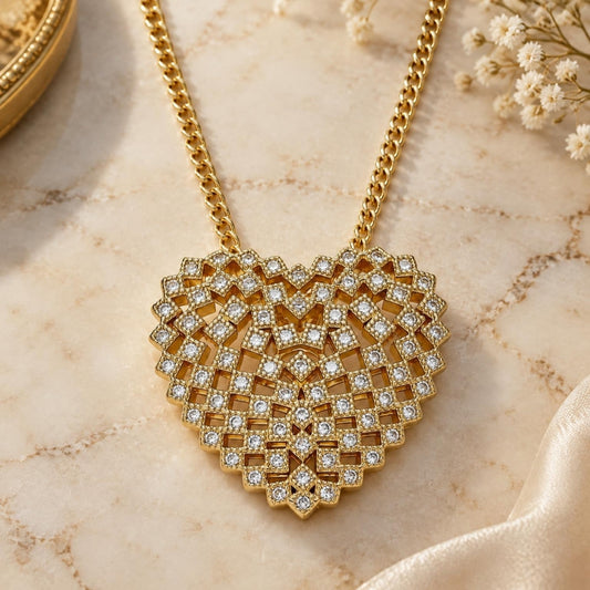 Oro Laminado Pendant Necklace, Gold Filled Style Heart Design, with White Micro Pave, Polished, Golden Finish