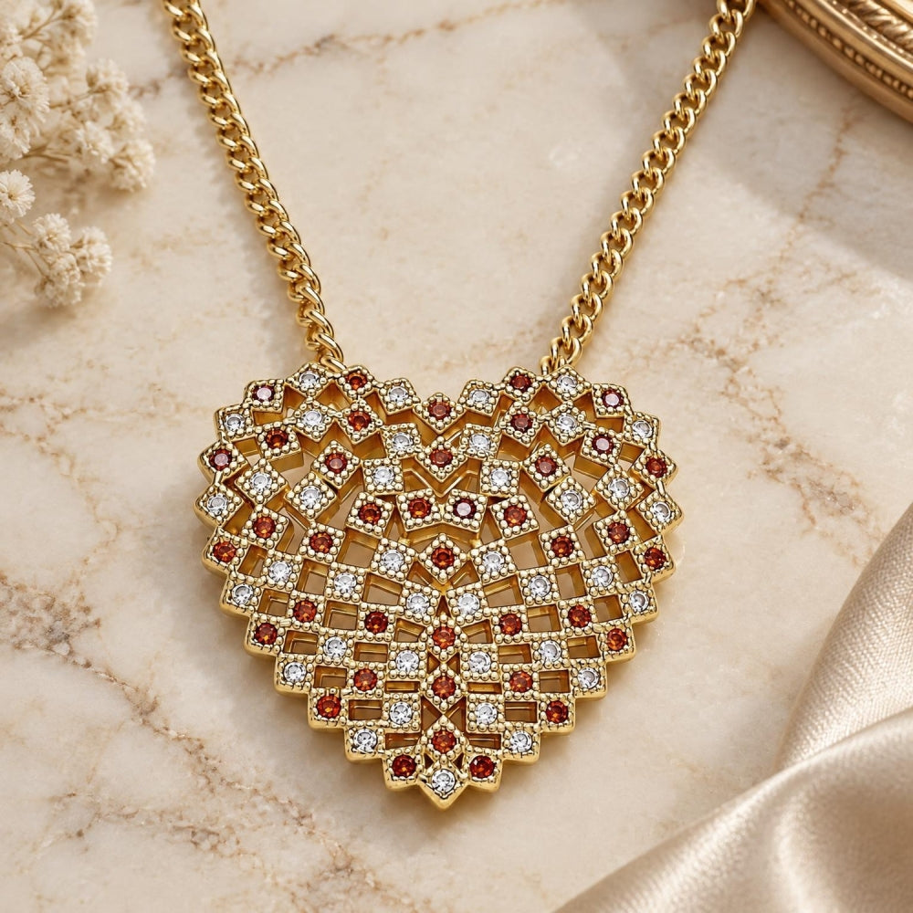 Oro Laminado Pendant Necklace, Gold Filled Style Heart Design, with Garnet and White Micro Pave, Polished, Golden Finish