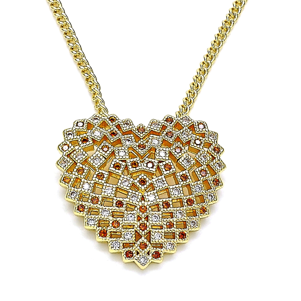 Oro Laminado Pendant Necklace, Gold Filled Style Heart Design, with Garnet and White Micro Pave, Polished, Golden Finish