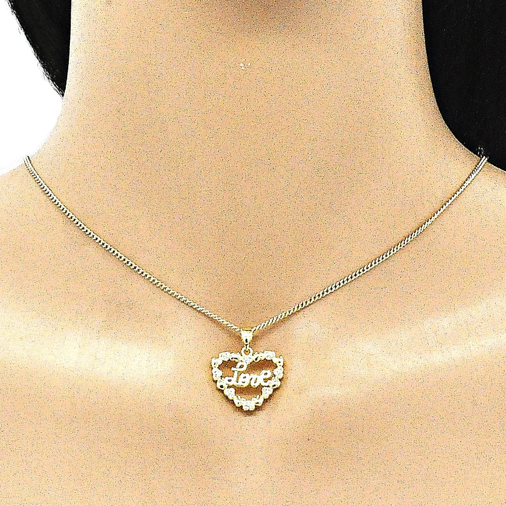 Oro Laminado Pendant Necklace, Gold Filled Style Heart and Love Design, with White Micro Pave, Polished, Golden Finish