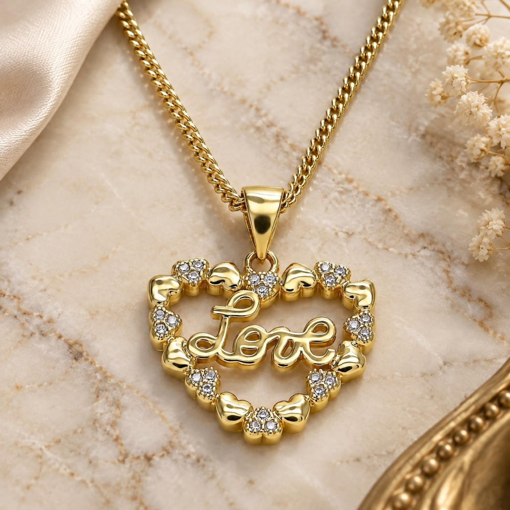 Oro Laminado Pendant Necklace, Gold Filled Style Heart and Love Design, with White Micro Pave, Polished, Golden Finish