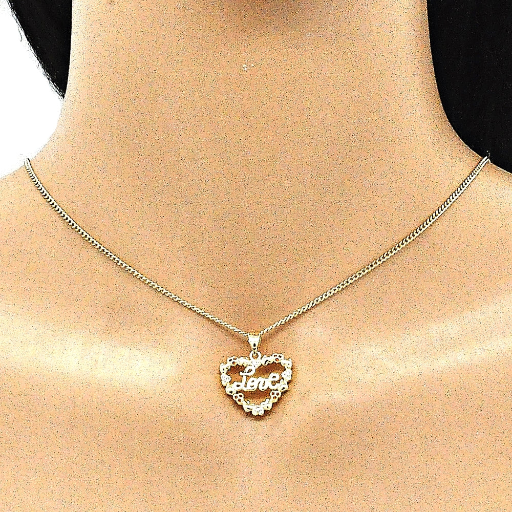 Oro Laminado Pendant Necklace, Gold Filled Style Heart and Love Design, with Garnet and White Micro Pave, Polished, Golden Finish